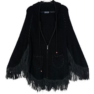 FM Sweater Womens One Size Black Hooded Fringe Zip Front Boho Poncho Cardigan